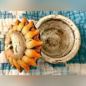 Vintage Hand-Painted Clay Sun Trinket Box Yellow Beige Terracotta Style Rustic